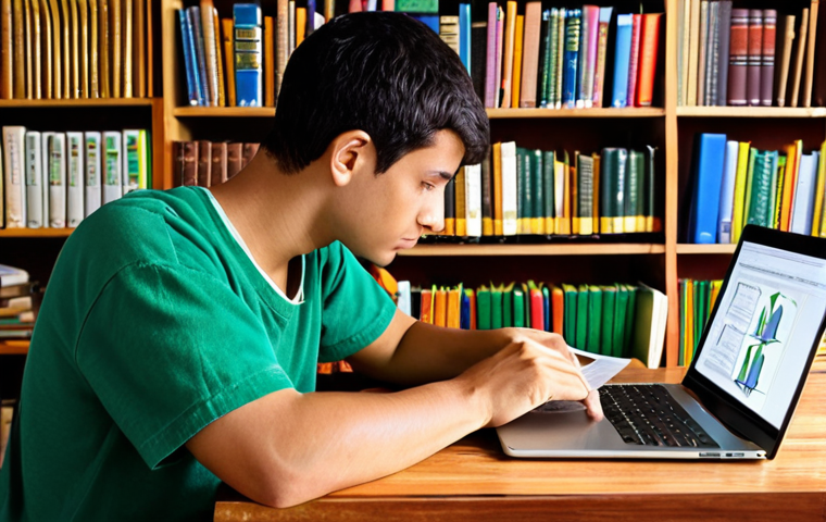 **
A person studying agricultural techniques, surrounded by books, online courses on a laptop, and organic fertilizer. The scene evokes a sense of focused learning and preparation for an exam. Include elements representing biology, soil chemistry, and sustainable agriculture practices like crop rotation. The overall style should be bright and encouraging, suggesting that effective study reduces difficulty.
**