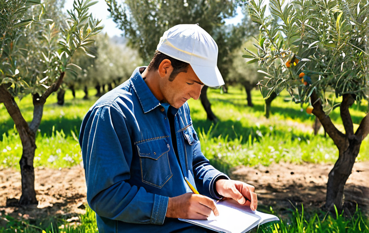 Soil Analysis in an Orchard**
"A professional agricultural technician, fully clothed in appropriate field attire (jeans, work shirt, hat), performing soil analysis in a sunny orchard. He/she is using a soil testing kit and taking notes in a notebook. Fruit trees (olives or oranges) are visible in the background. Focus on proper technique and a scientific approach. Safe for work, appropriate content, professional, modest, perfect anatomy, correct proportions, well-formed hands, proper finger count, natural pose."
**