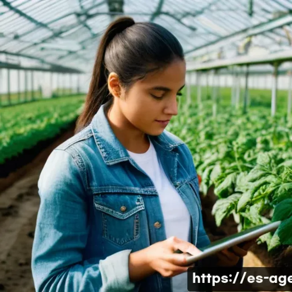 농업환경기술자 자격증 보유자의 커리어 패스 - **Prompt:** A young Latina agricultural engineer stands in a vibrant, sunlit greenhouse, examining a...