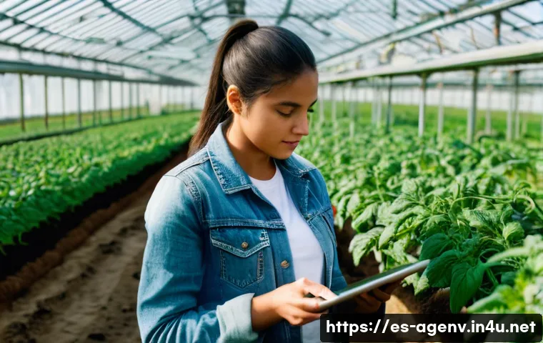 농업환경기술자 자격증 보유자의 커리어 패스 - **Prompt:** A young Latina agricultural engineer stands in a vibrant, sunlit greenhouse, examining a...