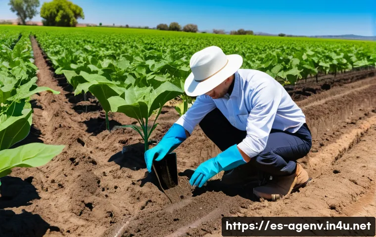 농업환경기술자 시험 관련 법령 해설 - A professional agricultural technician in a rural Spanish landscape, wearing protective clothing inc...