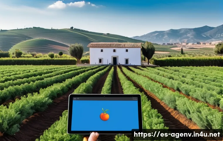농업환경기술자 현장 실무 사례 - A modern Andalusian tomato farm featuring rows of lush tomato plants equipped with advanced smart so...