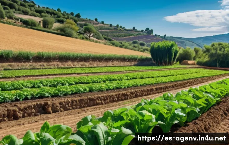 농업환경기술자와 유기농 인증 절차 - A vibrant organic farm in a rural Spanish countryside setting, showcasing diverse crops arranged in ...