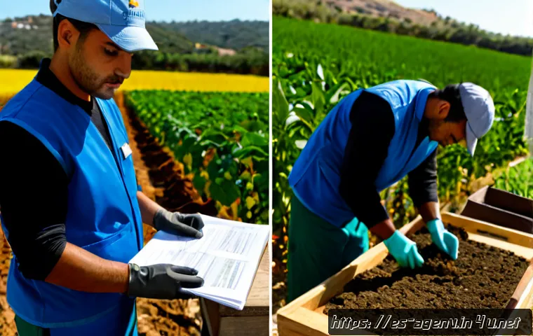 농업환경기술자 필기와 실기의 차이점 - Photorealistic split-scene comparison of an agricultural environmental technician certification: on ...
