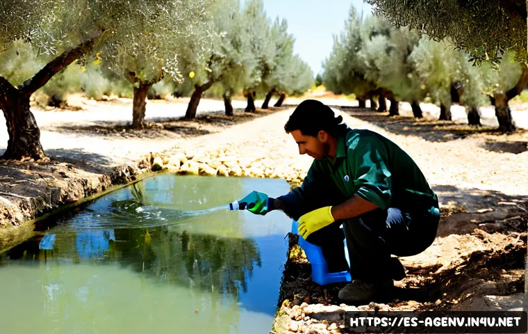 농업환경기술자와 수질 관리 기술 - Photorealistic agricultural environmental technician in a sunlit Spanish olive grove, wearing practi...
